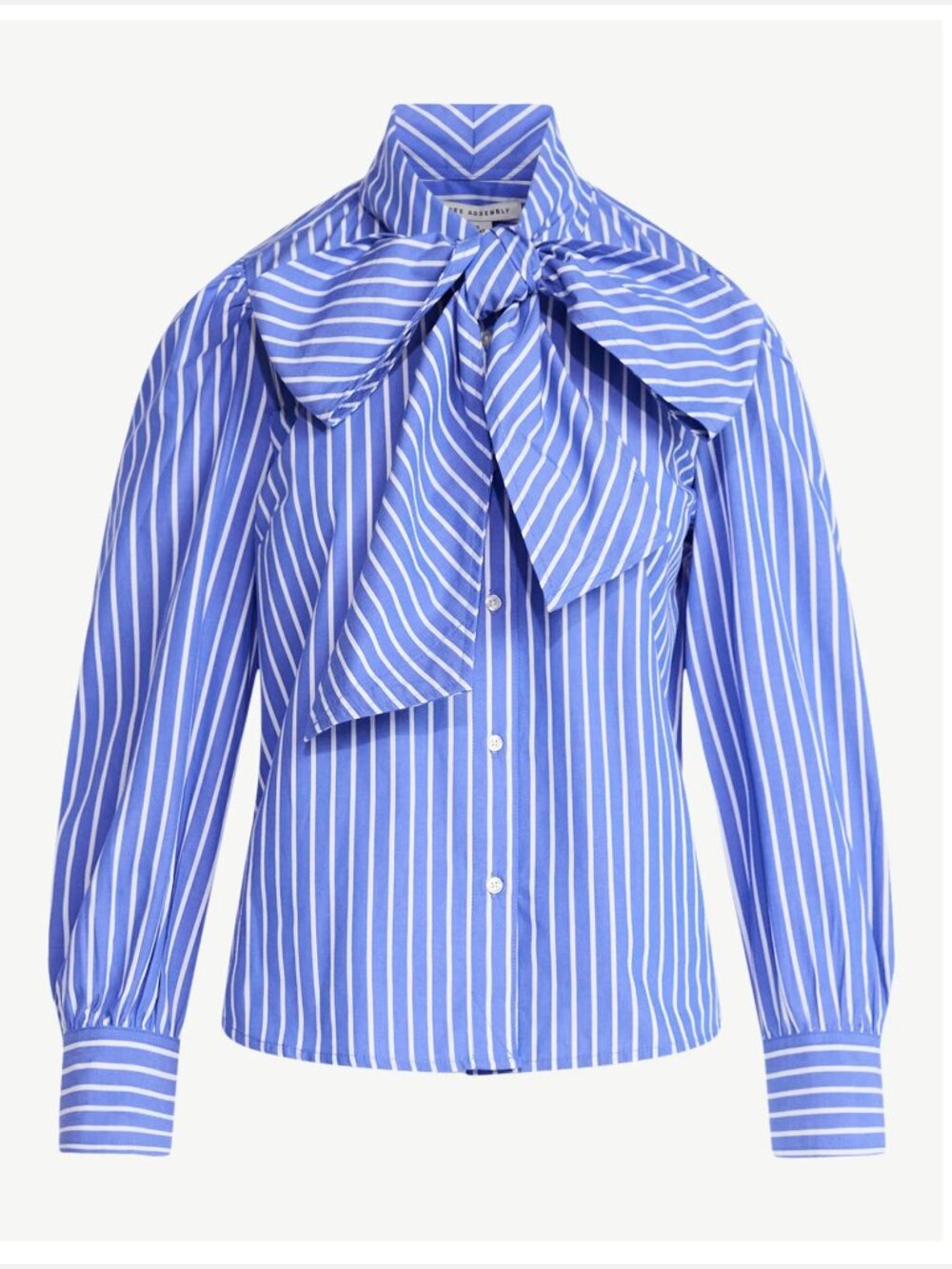 Free Assembly Blue Striped Tie Neck Cotton Long Puff Sleeve Blouse S - Picture 3 of 5